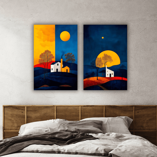 2 tableaux sur toile illustrant la nuit et le jour
