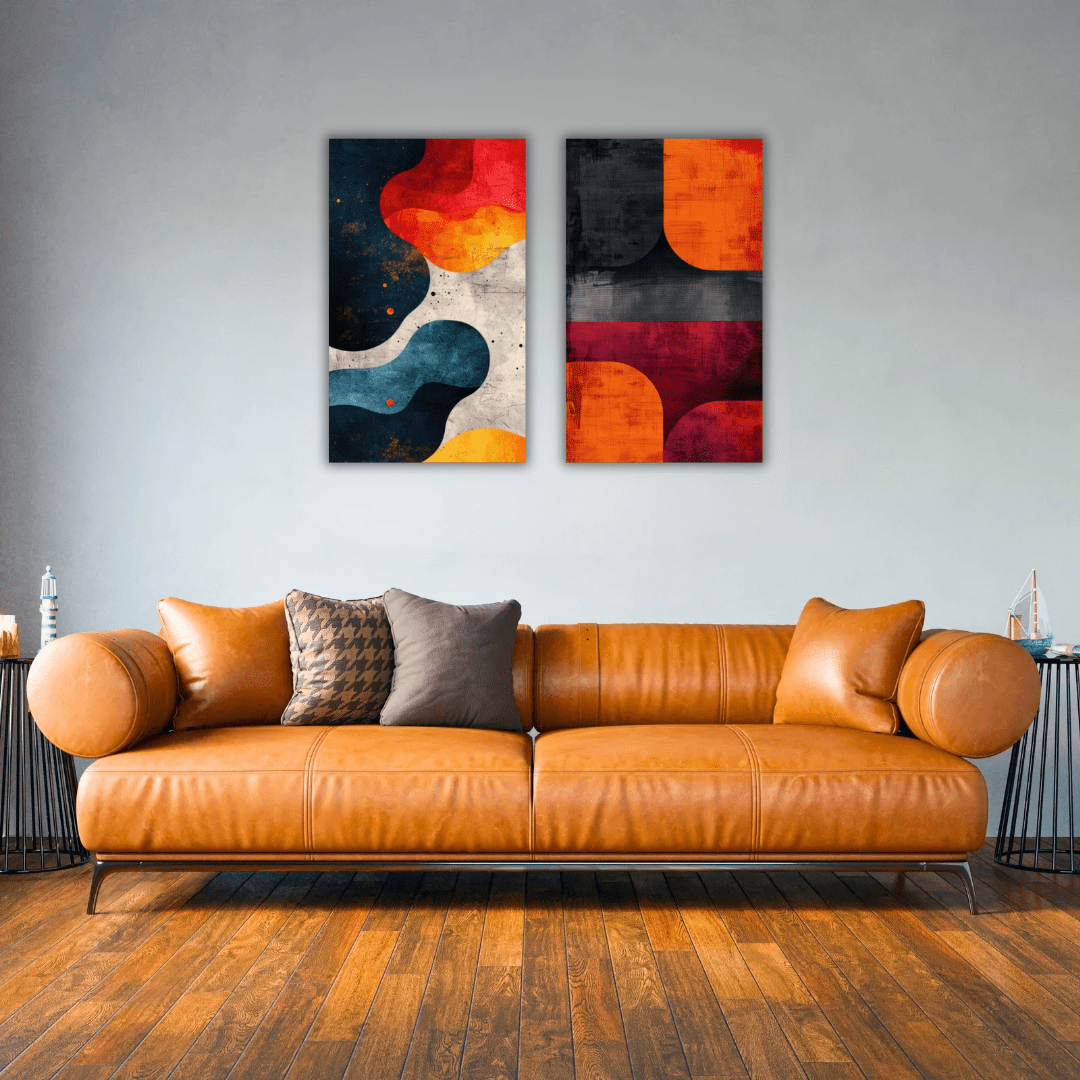 Deux tableaux abstraits aux couleurs vives pour un décor moderne. - Tabluxe