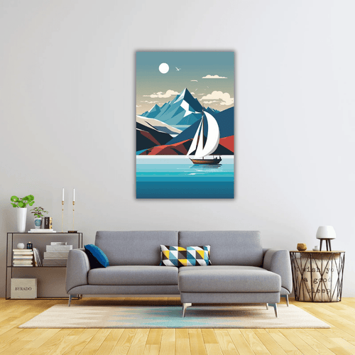Peinture sur toile paysage montagnard avec voilier