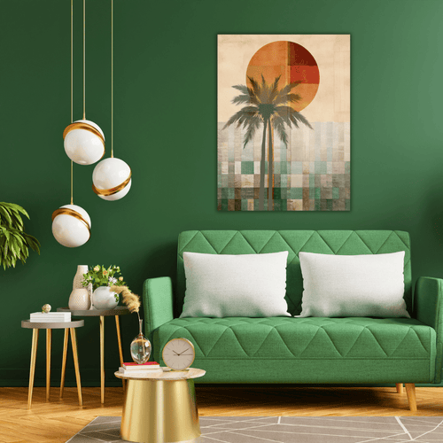 Tableau Abstrait avec Palmier et Soleil Chaleureux - Tabluxe
