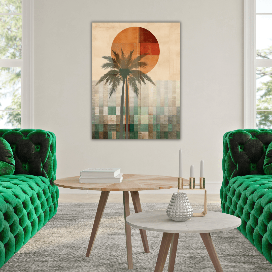 Tableau Abstrait avec Palmier et Soleil Chaleureux - Tabluxe