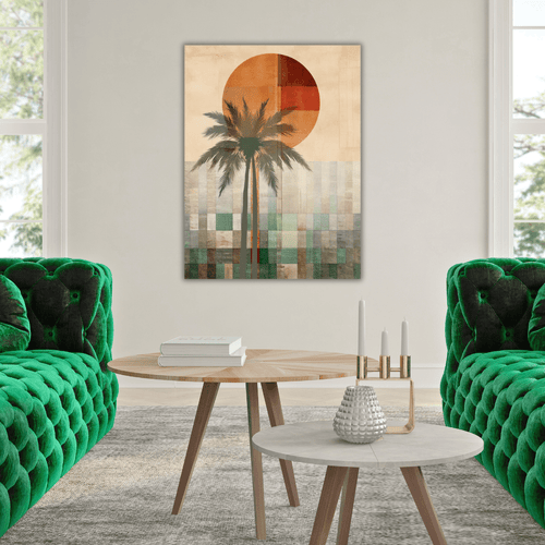 Tableau Abstrait avec Palmier et Soleil Chaleureux - Tabluxe
