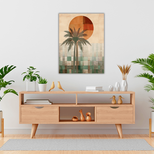 Tableau Abstrait avec Palmier et Soleil Chaleureux