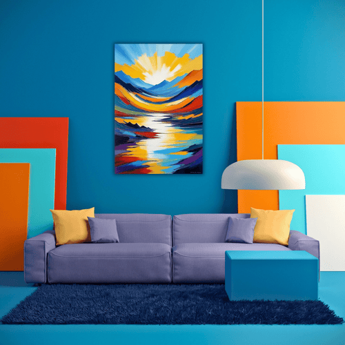 Tableau du lever du soleil, montagnes et vallée